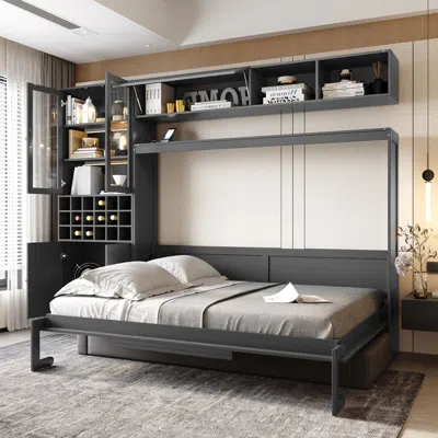 Streamdale Furniture Streamdale Full Size Murphy Bed Wall Bed With Sofa, Shelves Usb & Light,gray In Black