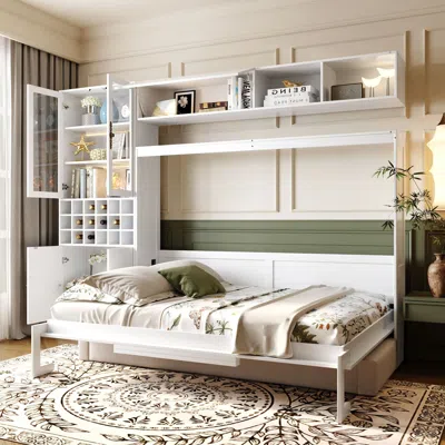 Streamdale Furniture Streamdale Full Size Murphy Bed Wall Bed With Sofa, Shelves Usb & Light,white