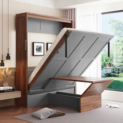 Streamdale Furniture Streamdale Full Size Murphy Bed With Foldable Desk - Space Saving Wall Bed - Walnut & Gray