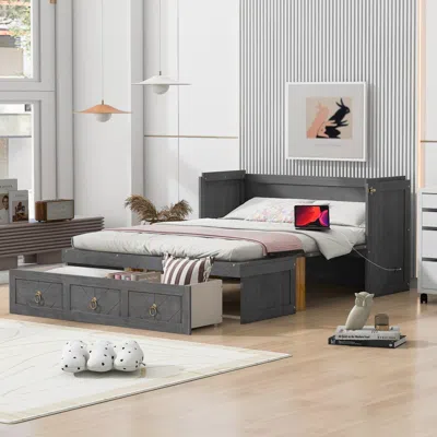 Streamdale Furniture Streamdale Full Size Murphy Bed With Usb Port And A Large Drawer, Gray