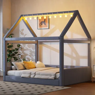 Streamdale Furniture Streamdale Full Size Upholstered House Daybed With Led Light Strips, Grey In Gray