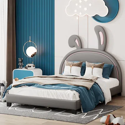 Streamdale Furniture Streamdale Full Size Upholstered Leather Platform Bed With Rabbit Ornament