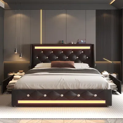 Streamdale Furniture Streamdale Full Size Upholstered Wingback Bed Frame With Storage, Led & Charging Station
