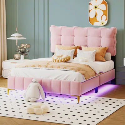 Streamdale Furniture Streamdale Full Size Velvet Platform Bed With Led Frame And Stylish Mental Bed