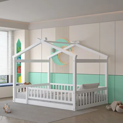 Streamdale Furniture Streamdale Full Size Wood Bed House Bed Frame With Fence