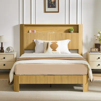 Streamdale Furniture Streamdale Full Xl Bed Frame: Storage Headboard, Charging Station, Natural In Gold