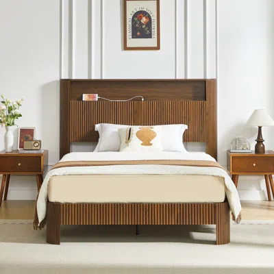 Streamdale Furniture Streamdale Full Xl Bed Frame: Storage Headboard, Charging, Walnut In Brown