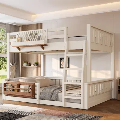 Streamdale Furniture Streamdale Full Xl Over Queen Bunk Bed With Ladder, Pegboard, Bookshelf, Beige