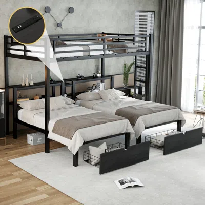 Streamdale Furniture Streamdale Full Xl/twin/twin Triple Bunk Bed With Drawers & Usb, Black