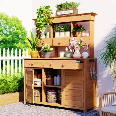 Streamdale Furniture Streamdale Garden Potting Bench With Hutch & Storage In Brown