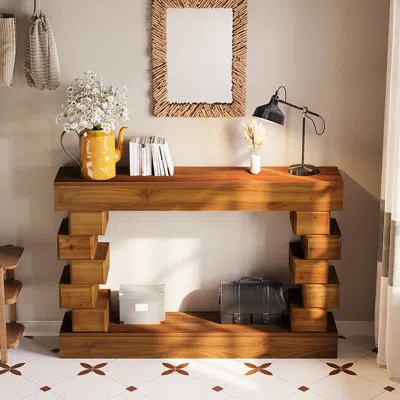 Streamdale Furniture Streamdale Geometric Block Stacked Wood Console Table With Warm Natural Finish In Brown