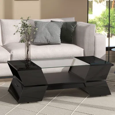 Streamdale Furniture Streamdale Geometric Glass Coffee Table With Storage In Black
