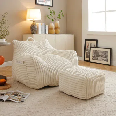 Streamdale Furniture Streamdale Giant Beige Plush Bean Bag Chair With Footstool In White