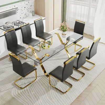 Streamdale Furniture Streamdale Glass Dining Set: Table & 8 Black/gold Chairs