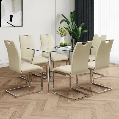 Streamdale Furniture Streamdale Glass Dining Table Set With Light Yellow Pu Chairs (7-piece)
