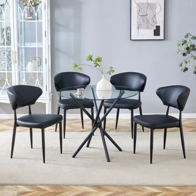 Streamdale Furniture Streamdale Glass Round Table & 4 Black Pu Chairs
