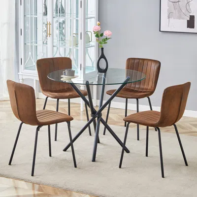 Streamdale Furniture Streamdale Glass Round Table & 4 Brown Tech-fabric Chairs