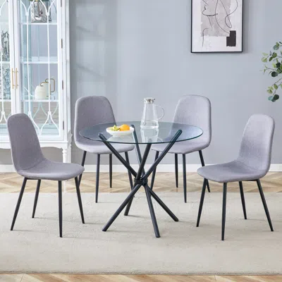 Streamdale Furniture Streamdale Glass Round Table & 4 Gray Linen Chairs