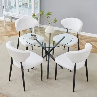 Streamdale Furniture Streamdale Glass Round Table & 4 White Pu Chairs