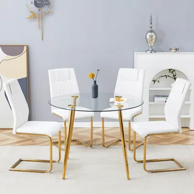 Streamdale Furniture Streamdale Glass Table & 4 Leather Chairs - Modern Gold Accent