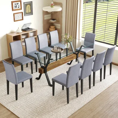 Streamdale Furniture Streamdale Glass Top Table & 10 Gray Linen Chairs