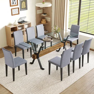 Streamdale Furniture Streamdale Glass Top Table & 8 Gray Linen Chairs
