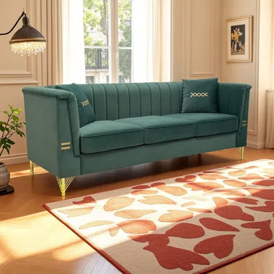 Streamdale Furniture Streamdale Gold Leg Sherpa Sofa - Modern 3-seater Couch In Green