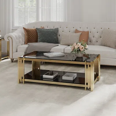 Streamdale Furniture Streamdale Golden Stainless Steel Double Layer Coffee Table With Black Glass
