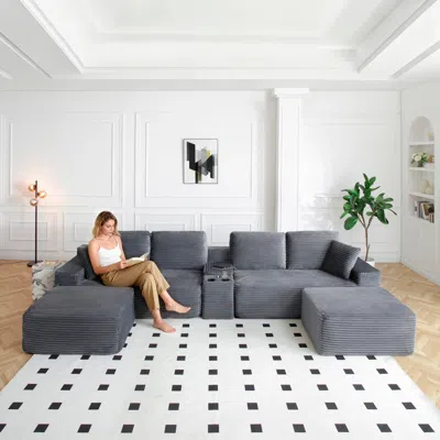 Streamdale Furniture Streamdale Gray 125" Sectional Sofa With 2 Ottomans, Cloud Couch, L-shape, Cup Holders, Usb