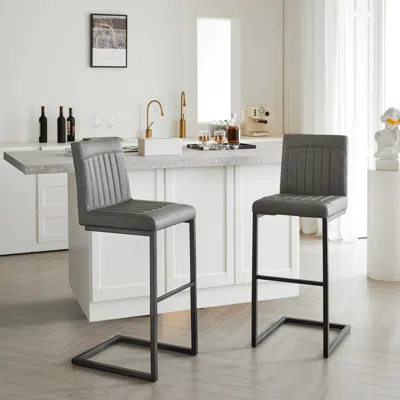 Streamdale Furniture Streamdale Gray Faux Leather Bar Stool - Padded Seat, Black Metal Frame - Kitchen Island Seating