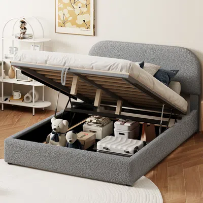 Streamdale Furniture Streamdale Gray Full Teddy Fleece Platform Bed With Hydraulic Storage