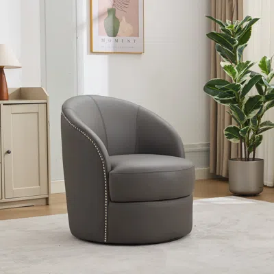 Streamdale Furniture Streamdale Gray Leather Swivel Accent Chair, Mid-century Modern Lounge Chair In Brown