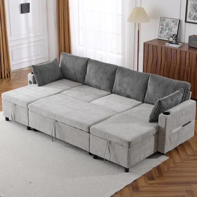 Streamdale Furniture Streamdale Gray Sectional Sofa Bed With Storage, Usb Ports & Cup Holders