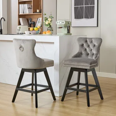 Streamdale Furniture Streamdale Gray Velvet Swivel Barstools, Button Tufted, Set Of 2