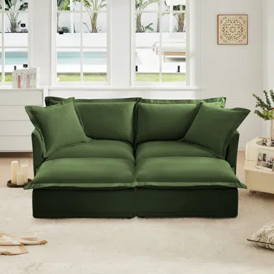 Streamdale Furniture Streamdale Green Chenille 2-seater Sofa With Ottomans & Sleeper