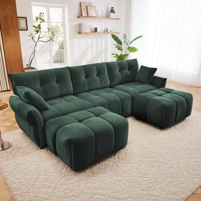 Streamdale Furniture Streamdale Green Chenille 3-seater Sofa Set With Ottoman & Pillows