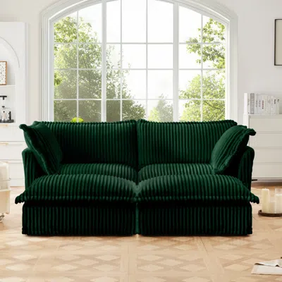 Streamdale Furniture Streamdale Green Corduroy 2-seater Sofa With Ottomans & Sleeper