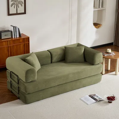 Streamdale Furniture Streamdale Green Corduroy Convertible Sleeper Sofa Bed With Pillow