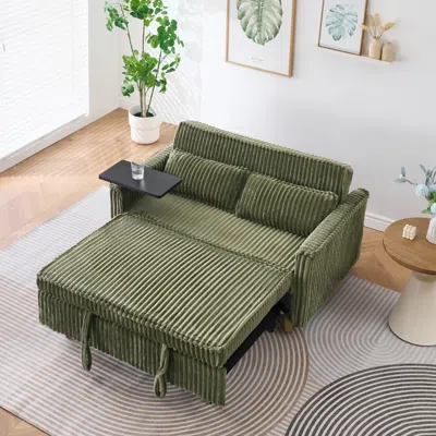 Streamdale Furniture Streamdale Green Corduroy Pull-out Sofa W/ Tabletop & Usb