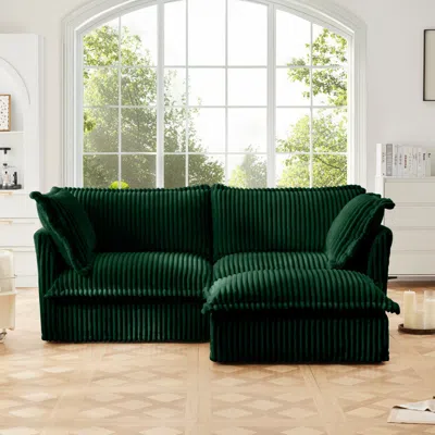 Streamdale Furniture Streamdale Green Corduroy Sectional Sofa With Ottoman & Pillows