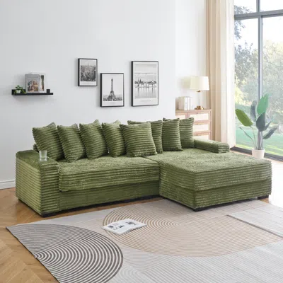 Streamdale Furniture Streamdale Green Corduroy Sofa W/ Cup Holders, Lockers & Reversible Chaise