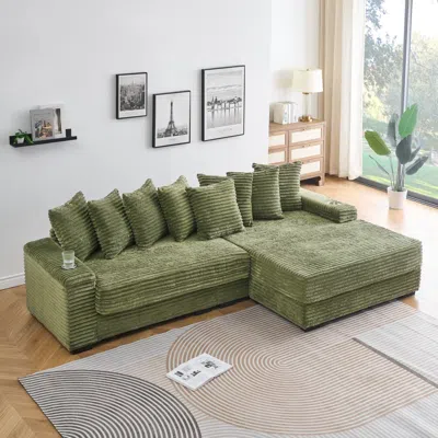 Streamdale Furniture Streamdale Green Corduroy Sofa W/ Cup Holders, Lockers & Reversible Chaise