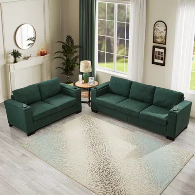 Streamdale Furniture Streamdale Green Fabric Sofa Set With Cup Holder & Storage