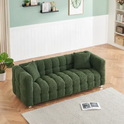Streamdale Furniture Streamdale Green Teddy Fleece Sofa 80" With Throw Pillows & Support
