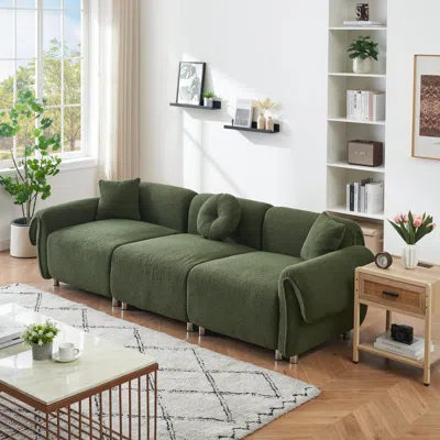 Streamdale Furniture Streamdale Green Teddy Velvet Sofa With 3 Pillows