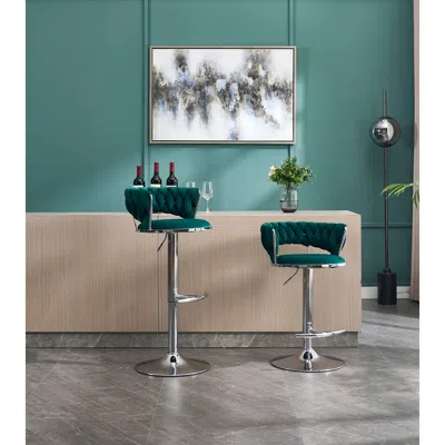 Streamdale Furniture Streamdale Green Velvet Bar Stools, Chrome Base, Adjustable Height (set Of 2)