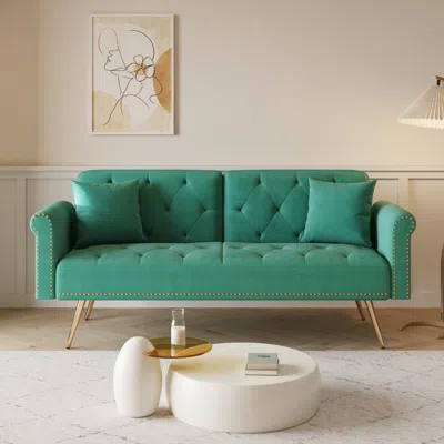 Streamdale Furniture Streamdale Green Velvet Sofa Bed With Nailhead Trim & Pillow