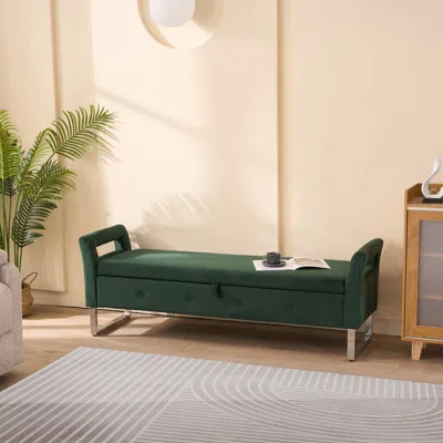 Streamdale Furniture Streamdale Green Velvet Storage Bench With Armrests - 67.91" Wide