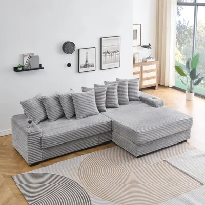Streamdale Furniture Streamdale Grey Corduroy Reclining Sofa With Cup Holder & Storage