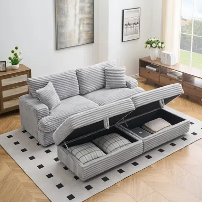 Streamdale Furniture Streamdale Grey Corduroy Sofa W/ Storage Legs & 4 Pillows